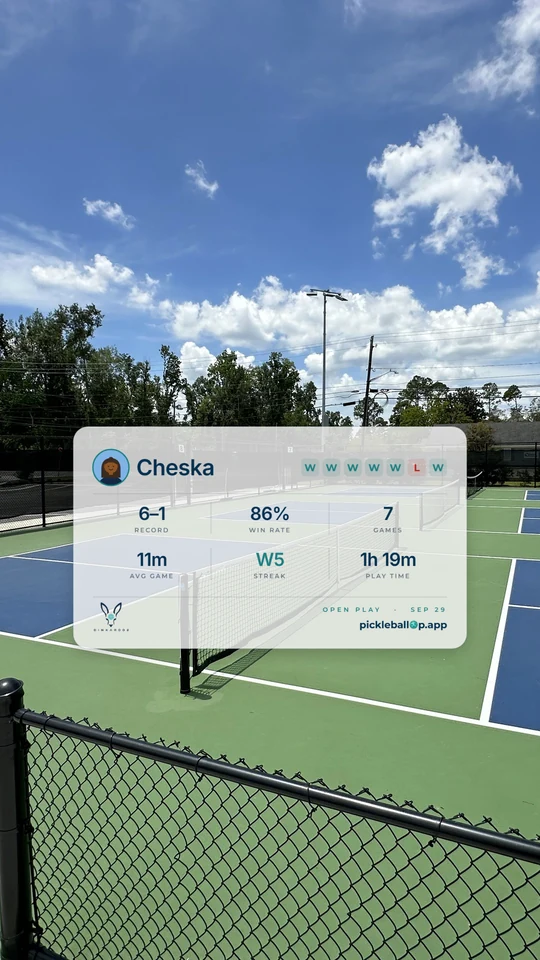 Story: landscape card, light, at 78 percent opacity over a photo of outdoor pickleball courts